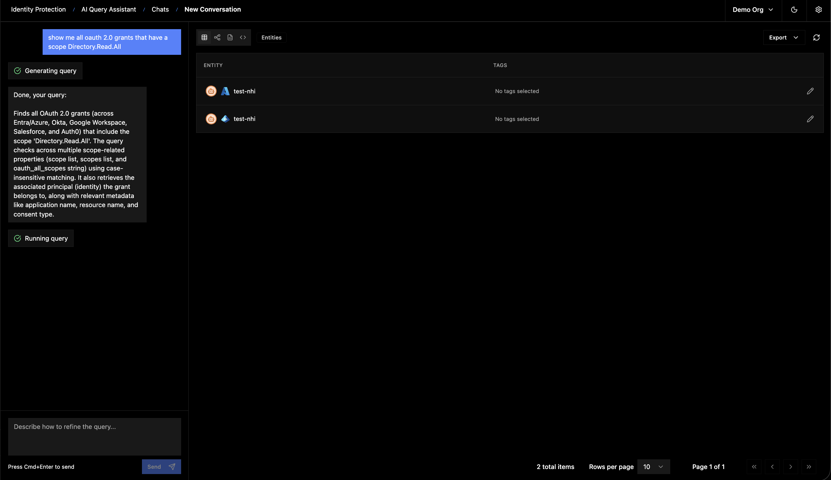 SlashID AI Query Assistant showing OAuth 2.0 grants with Directory.Read.All scope